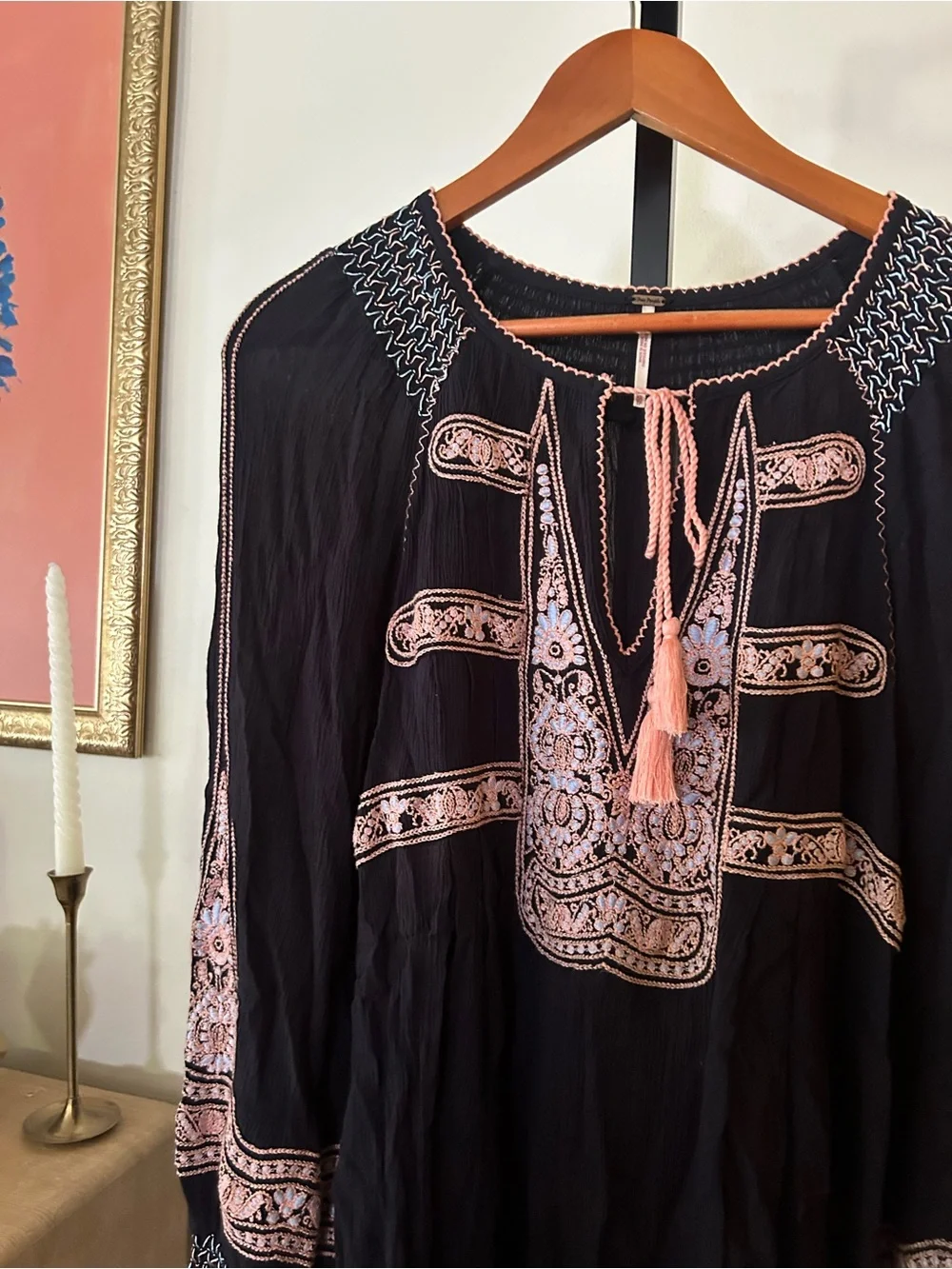 Free People‎ Wind Willow Embroidered Peasant Boho Tunic Mini Dress Black Size XS